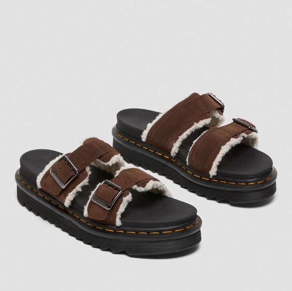 NEW Dr. Martens Myles Suede Fur-lined Buckle Slide Sandals Dark Brown Size 13 - Picture 2 of 16
